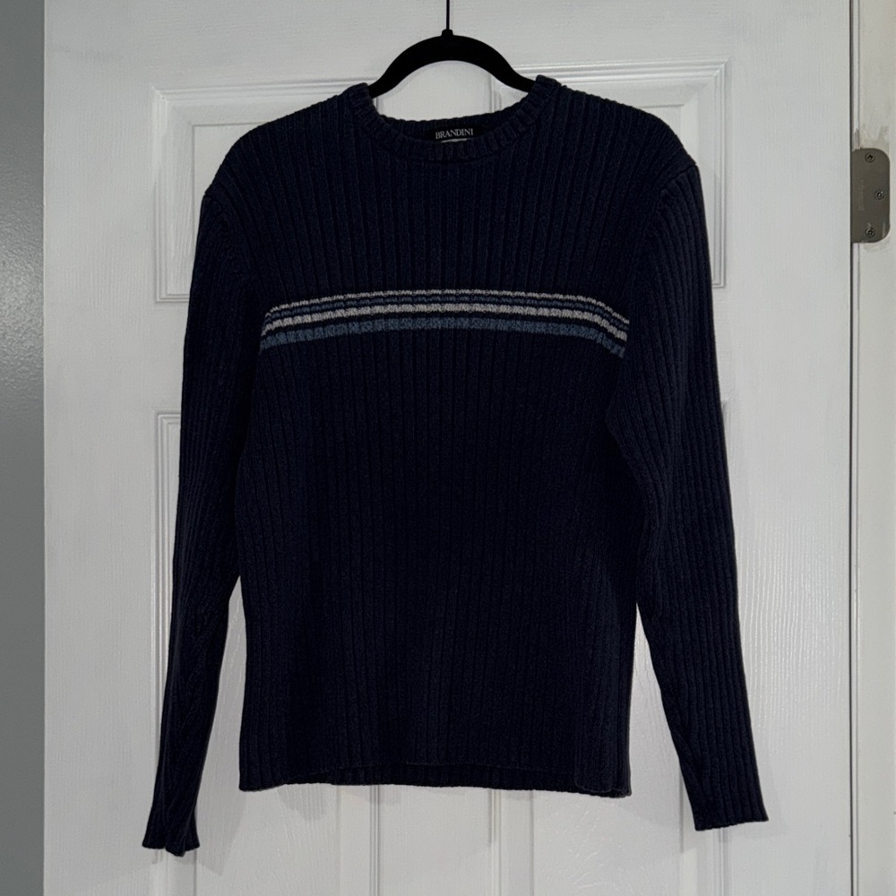 Men's Navy Ribbed Crewneck Sweater with Contrast Stripes